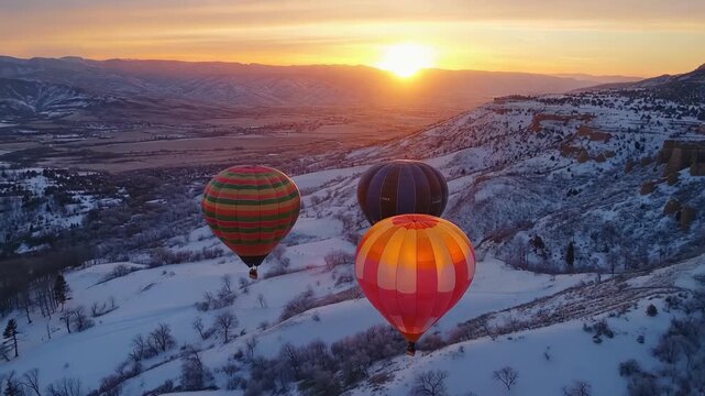 Hot air balloons drift gracefully at sunrise over a snowy landscape, Beautiful sunrise glow through flying hot air balloons over Utah valley drone shot