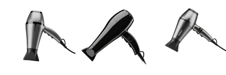 Modern Black Hair Dryer Set Isolated on White Background for Beauty and Professional Styling
