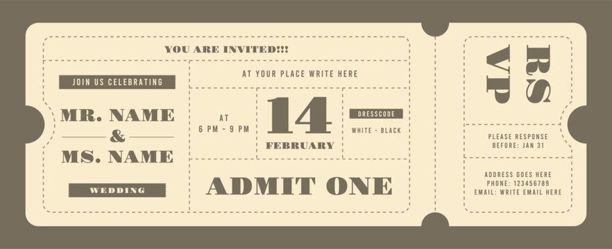 Vintage style wedding invitation template. Event ticket template in retro style.