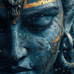 Obraz premium Close Up Portrait of a Serene Hindu Deity Face with Glowing Blue Skin and Gold Accents for Spiritual Mobile App Backgrounds and Traditional Maha Shivratri Content