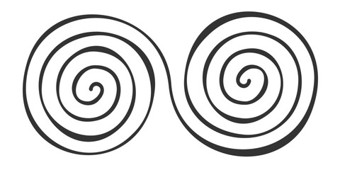 Double doodle spiral shape isolated on white background. Hypnotic psychedelic design element. Brain work concept. Hurricane, dizzy or tornado symbols. Vector graphic illustration. © vikusha_art