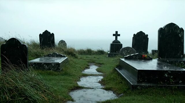 Cemetery Graveyard Tombs Scene Video Footage Moody Graves Stone Memorials Video Clip Gravestones Grave Markers Sadness Rainy Day Funeral Memorials