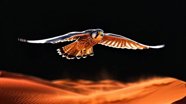 A striking kestrel soaring over the dunes of a desert landscape at dusk
