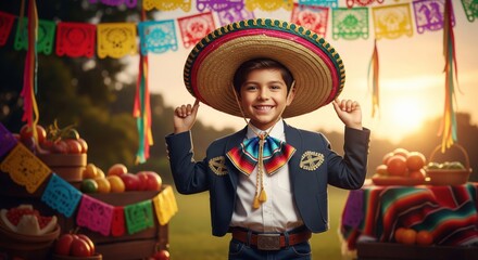Smiling Boy in Traditional Charro Suit and Sombrero at Fiesta