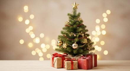 Festive christmas tree surrounded by wrapped gifts and twinkling lights
