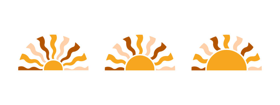 Silhouettes of half shaped suns isolated on white background. Wavy sunny rays in semi circle shapes. Sunrise or sunset signs. Summer theme print. Positive vibes concept. Vector flat illustration.
