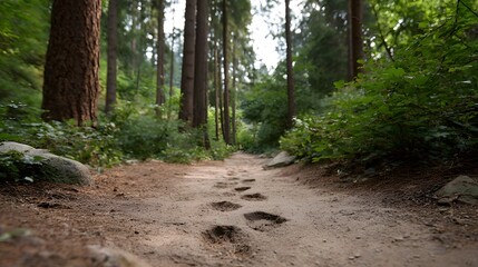 Obraz premium Footprints mark a sandy trail winding through a lush forest inviting explo n into the serene wilderness ahead
