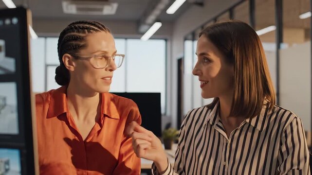 Two women in office discussing computer designs