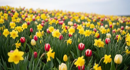 Field of Yellow Daffodils and Red Tulips Under a Bright Sky