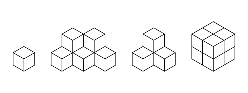 Set of cube shapes in different arrangements isolated on white background. Building block toys. Isometric cubic forms. Ice or sugar bricks, box silhouettes. Vector graphic illustration.