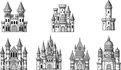 Fototapeta premium Medieval castle illustration set, fantasy architecture, turret and spire design, historical towers, vector art, white background, detailed building icons