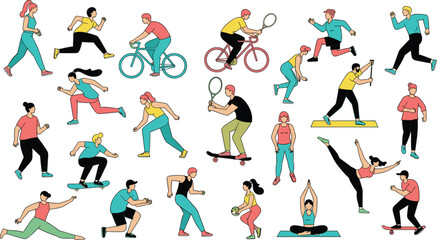 Active lifestyle illustration, diverse sports figures, fitness activities, exercise poses, colorful vector art, health promotion, athletic movement, cartoon workout scene