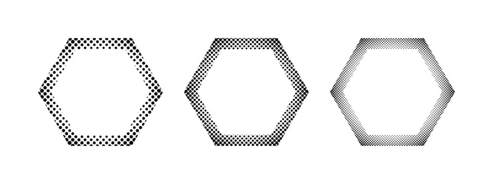 Set of hexagon frames with gradient halftone texture. Geometric shapes with polka dot, pixel or grain borders isolated on white background. Decorative design elements. Vector graphic illustration.