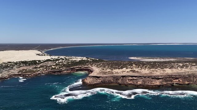 Scott Bay, Fowlers Bay, South Australia &ndash; 4K aerial drone view of Great Australian Bight coastline, turquoise ocean, sand dunes, white sand beach and limestone cliffs
