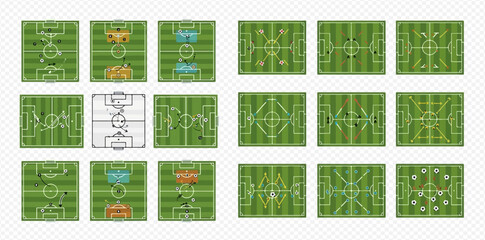 Set of various football soccer fields with different game strategies and player positions. © ArtLuna Studio