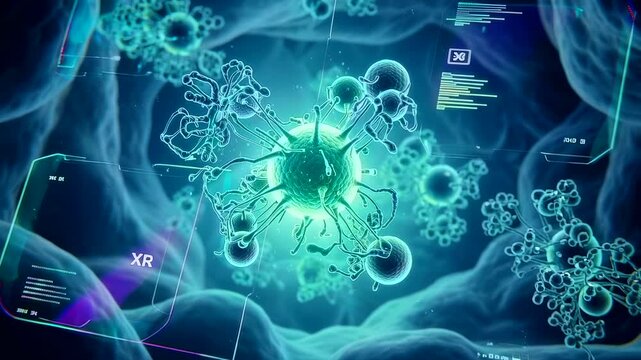 cellular microenvironment visualized with viral agents and extracellular matrix detail, cellular biologist explores receptor clusters and internalization pathways on augmented display