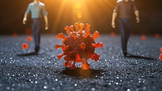 Tiny figures of people behind a magnified model of the coronavirus, symbolizing the pandemic's threat