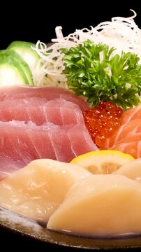 Chopsticks Picking Salmon Sashimi from a Vertical Close-up Platter
