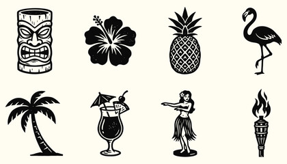 Vintage Tiki Tropical Icons Set - Woodcut Style Hawaiian Illustrations © 777SKYLABS