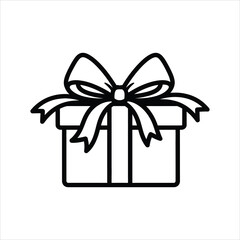 Black outline gift box with bow on white background present ribbon
