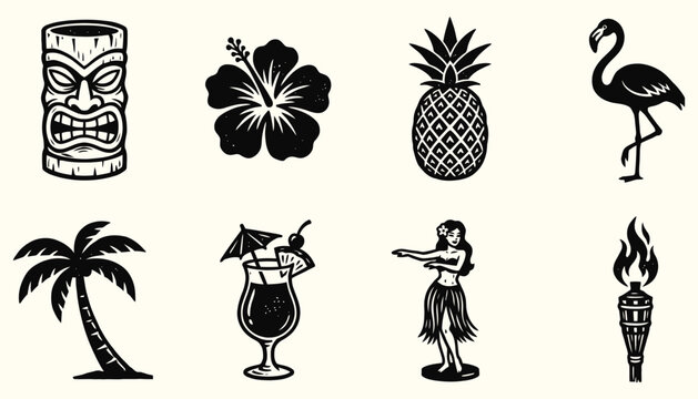 Vintage Tiki Tropical Icons Set - Woodcut Style Hawaiian Illustrations