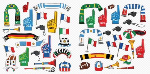 Collection of sports fan accessories including scarves, flags, foam fingers, and vuvuzelas for various countries.
