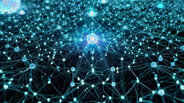 Expansive network mesh with glowing central node and interconnected nodes, teal data flows, digital topology visualized as synapselike grid, cloud connectivity and scalable infrastructure