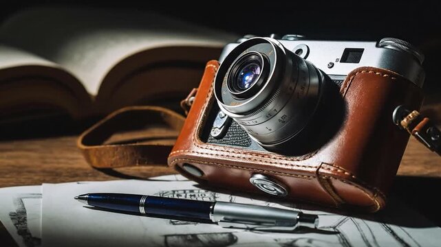 Vintage camera in leather case with pen and book, showcasing a classic photography aesthetic