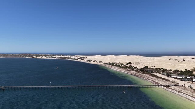 Fowlers Bay, South Australia &ndash; 4K aerial drone view of Great Australian Bight coastline, jetty, caravan park, turquoise ocean, sand dunes, white sand beach and limestone cliffs