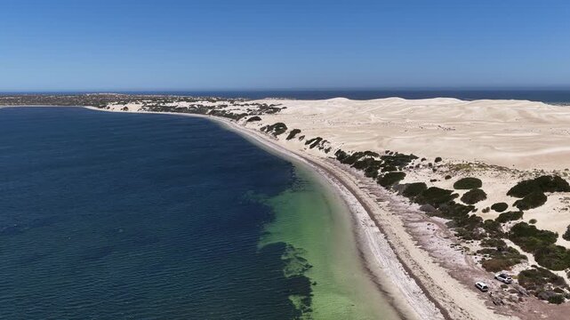 Scott Bay, Fowlers Bay, South Australia &ndash; 4K aerial drone view of Great Australian Bight coastline, turquoise ocean, sand dunes, white sand beach and limestone cliffs