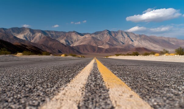 perfectly centered symmetrical composition, low angle camera almost touching the asphalt, a long straight desert highway with a subtle dip and rise