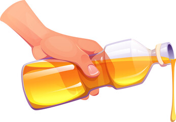 Cartoon cooking process showing hand pouring oil from glass or plastic bottle. Golden liquid flows in smooth stream with drop. Vector isolated kitchen scene with food preparation action or recipe step
