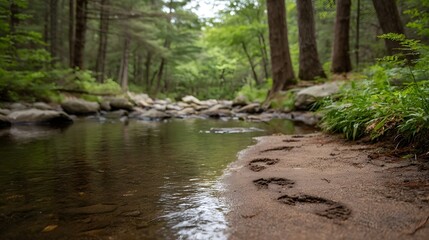 Footprints pressed into the sandy bank beside a gently flowing stream in a lush green forest setting