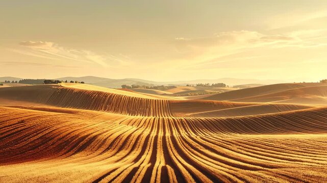 Golden Fields of Serenity: Rolling hills, meticulously patterned with parallel lines, glow under the warm embrace of the sun. The scene evokes tranquility and the vastness of nature's beauty.