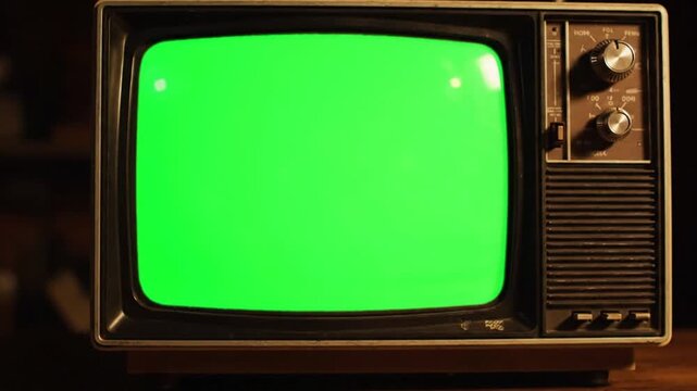 Vintage retro television with green screen chroma key for screen replacement, Old retro TV mockup with green screen for video, advertising, and media projects