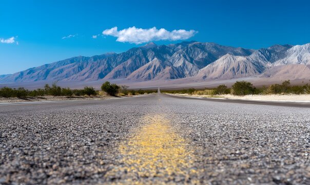 perfectly centered symmetrical composition, low angle camera almost touching the asphalt, a long straight desert highway with a subtle dip and rise