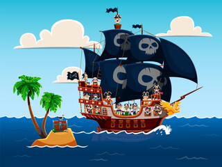 Naklejka premium Cartoon funny kid pirates characters on sail corsairs ship and secret treasure island with chest and palm tree in sea. Cartoon vector scene of sailors children on frigate board with black skull flag