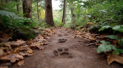 Obraz premium Animal paw prints on a forest trail surrounded by autumn leaves