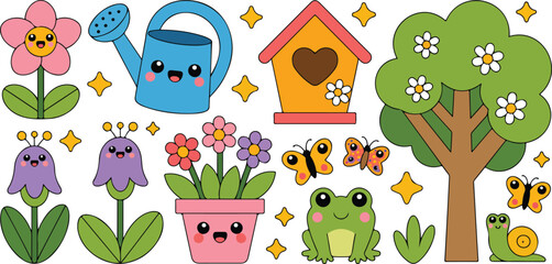 Cute Spring Garden Icon Set  Flowers, Animals, Watering Can, and Butterflies