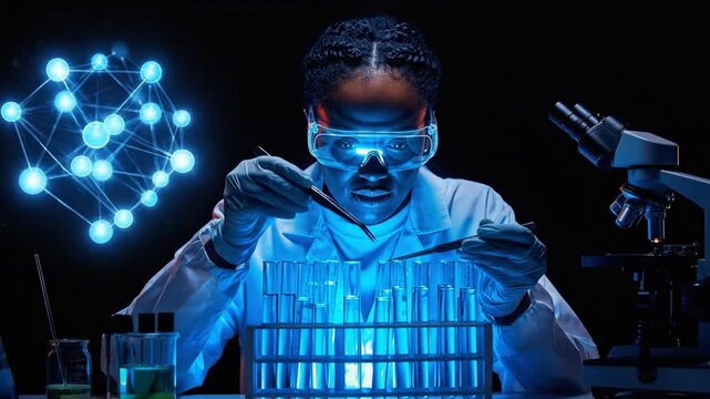 Scientist in a laboratory with test tubes and a microscope, illuminated by blue light, representing scientific research and innovation