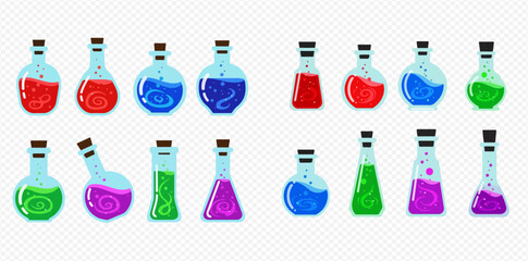 Naklejka premium Set of colorful magic potions in glass bottles with corks, isolated on transparent background.