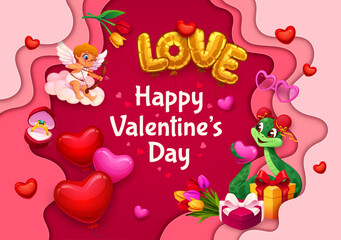 Naklejka premium Paper cut Happy Valentine Day vector banner. Cartoon Cupid and snake characters, heart balloons, romantic holiday gift, flowers and wedding ring Valentine Day love card with 3d paper cut borders
