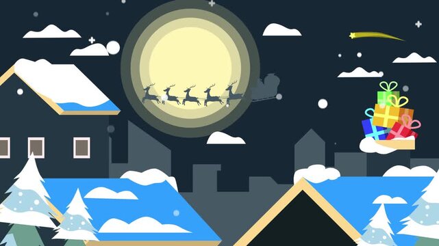 Animated christmas night scene with santa claus sleigh and reindeer delivering gifts