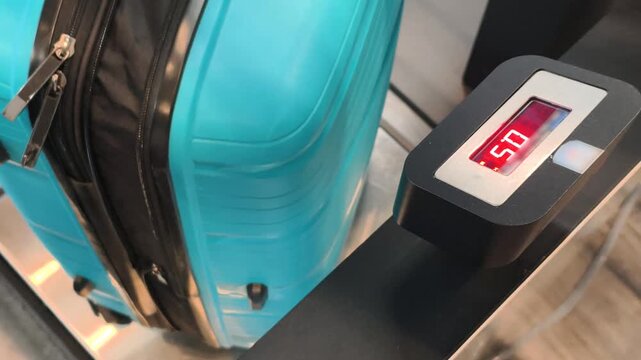 Airport Luggage Scale shows weight of blue suitcase. Check of Airport Luggage Scale is part of travel safety. Using Airport Luggage Scale helps to follow baggage allowance rules.