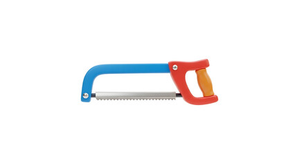 A  3D iconic colorful illustration of a handsaw with a blue frame and red handle on a plain background from a straightforward viewpoint