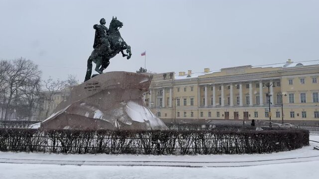 Saint Petersburg, Russia. Video os Senate Square is oldest and most famous square in city with monument to  city's founder Peter the Great - Bronze Horseman on winter snowy day