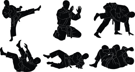 Martial arts combat silhouettes vector set featuring judo grappling, karate kicks, self defense training poses, black minimalist fighter illustration collection © MD. NUR ISLAM