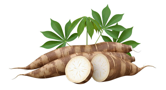 Cassava roots and leaves on a white background