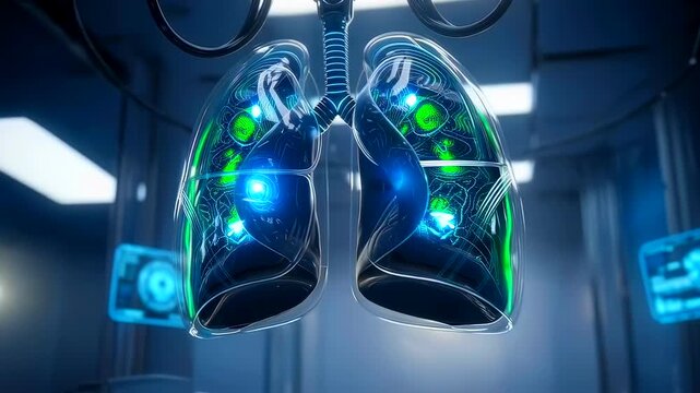 Surgeon visualizes lungs utilizing live imaging during thoracic operation, Medical team uses dynamic mapping technology to accurately guide lung procedures during surgery