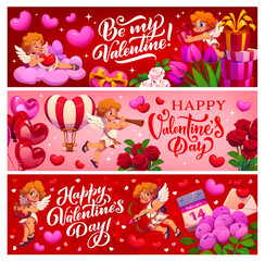 Naklejka premium Happy Valentine Day love holiday vector banners. Cartoon cute Cupids characters with Valentines Day hearts, romantic gift boxes, flowers and balloons, love holiday cards or banners set with greetings